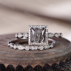Princess Black Rutilated Quartz Engagement Ring Set,Silver White Gold Bridal Ring,Art Halo Black Rutilated Quartz Moissanite Ring Gift