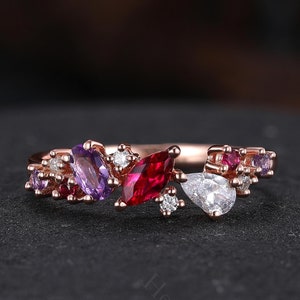 Anel de rubi vintage, anel de ametista, anel de rubi e diamante, anéis com pedra de nascimento, presente para ela, presentes personalizados, anel de rubi para mulheres, anéis de aniversário