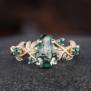 Coffin Cut Moss Agate Engagement Ring Nature Inspired Leaf Cluster Bridal Wedding Ring Emerald Wedding Band Commitment Rings for Her