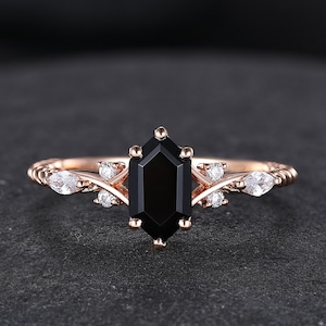 Vintage Black Onyx Engagement Ring Rose Gold Moissanite Wedding Band Unique Hexagon Black Diamond Rings for Women Crossed Ring Gift for Her