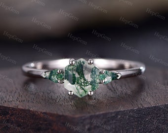 Hexagon Green Moss Agate Engagement Ring Kite Cut Moss Agate Bridal Ring Minimalist 3 Stone Ring Vintage Stack Wedding Ring Gift For Women