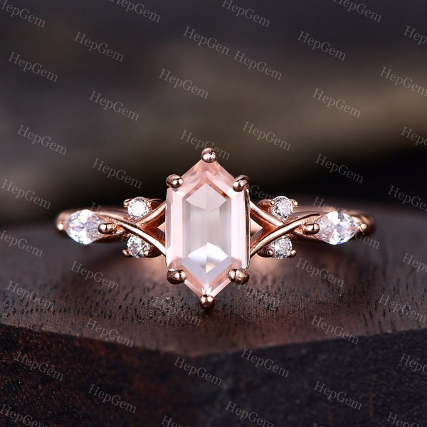 Hexagon Cut Morganite Engagement Ring Vintage Morganite Ring Rose Gold Wedding Cluster Antique Diamond Women Unique Anniversary Gift for Her