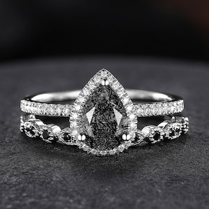 Pear Black Rutilated Quartz Engagement Ring, 10k White Gold Diamond Bridal Set