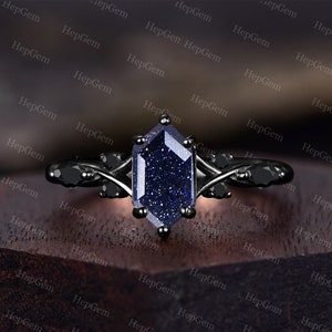 Galaxy Hexagon Cut Blue Sandstone Engagement Ring Black Gold Ring Vintage Cluster Ring Women Gold Jewelry Birthday Gift