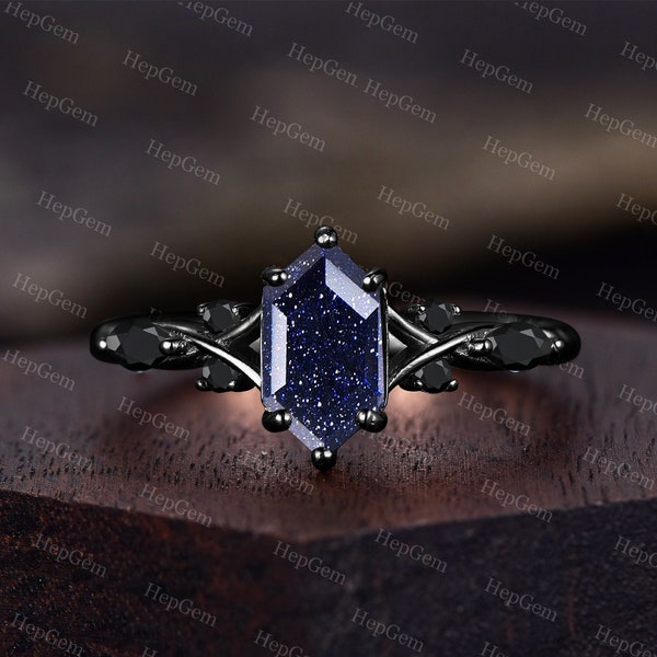 Galaxy Hexagon Cut Blauer Sandstein Verlobungsring Schwarz Gold Ring Vintage Cluster Ring Frauen Gold Schmuck Geburtstag Geschenk