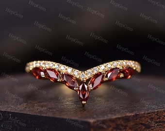 Red Garnet Ring For Women,Silver Yellow Gold Plated Wedding Band,January Birthstone Curved Ring,Marquise Garnet Stackable Band,Bridal Gift