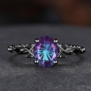 Unique Fireworks Cut Alexandrite Engagement Ring Alexandrite Wedding Ring for Women Gothic Black Gold Bridal Rings Anniversary Gifts for Him