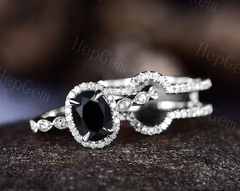 Vintage Galaxy Ring Set,Oval Black Onyx Engagement Ring Set,Silver Rose Gold Moissanite Ring,Curved Enhancer Anniversary Gift For Her