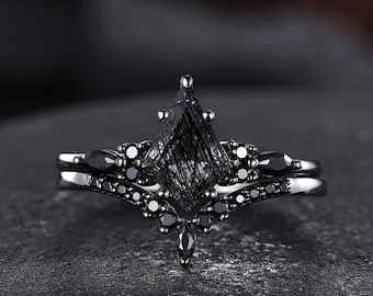 Kite Black Rutilated Quartz Engagement Ring Black Gold Halo Black Obsidian Bridal Set Gothic Dark Wedding Rings Stacking Ring Gift for Women