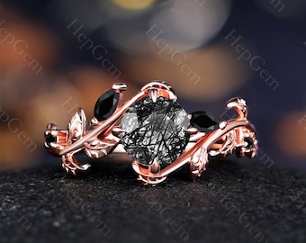 Anello per coppie con quarzo rutilato nero e onice nero, fede nuziale in argento sterling per coppie abbinate, anello di promessa, regali per lei