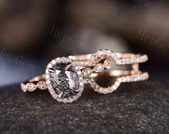 Vintage Black Rutilated Quartz Engagement Ring Set,Silver Rose Gold Chevron Enhancer Wedding Ring Set,Bridal Ring For Women,Halo Decor Ring