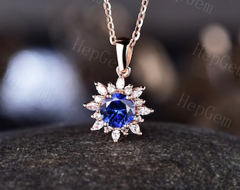 Vintage round blue sapphire necklace, 14k rose gold Personalized moon cluster, Exquisite gemstone Pendant women anniversary gift for her