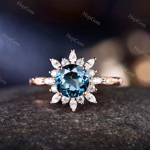 Natural London Topaz Ring Solid Rose Gold Sterling Silver Gold Blue Gemstone Victorian Floral Daisy Filigree [Custom Made] Design