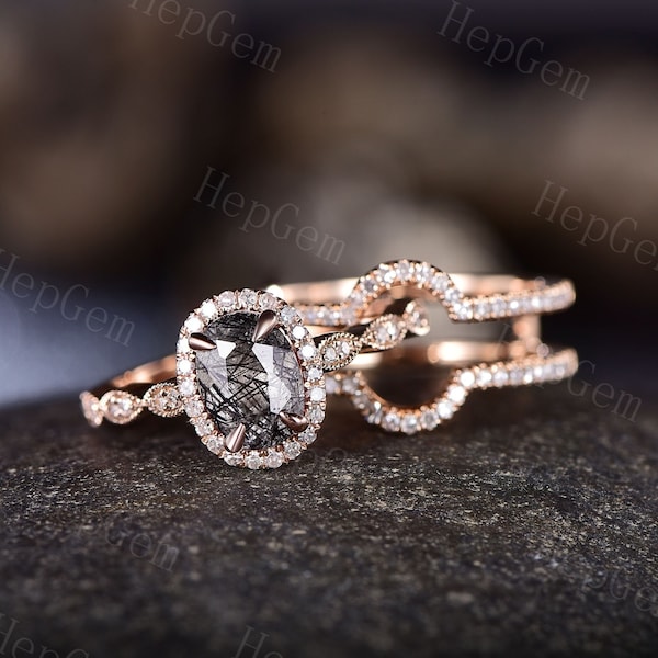 Vintage Black Rutilated Quartz Engagement Ring Set,Silver Rose Gold Chevron Enhancer Wedding Ring Set,Bridal Ring For Women,Halo Decor Ring