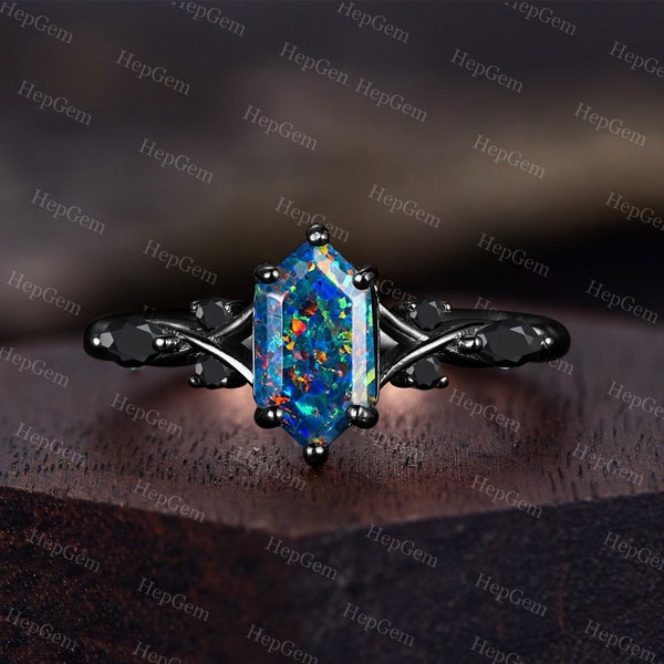 Hexagon Black Opal Ring Natural Black Opal Ring Sterling Silver Black Opal Ring Fire Opal Ring Black Fire Opal Ring- October Birthstone Ring