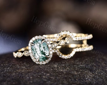 Vintage Green Moss Agate Engagement Ring Set, Silver 10K Yellow Gold Chevron Enhancer Cluster Moissanite Band, Promise Wedding Ring Gift