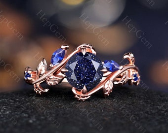 Blue Sandstone & Sapphire Couples Ring, Wedding Band Sterling Silver Matching Couples Promise Ring, Gifts for Her