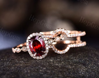 Garnet ring vintage unique oval Garnet engagement ring set rose gold halo diamond ring for women marquise milgrain wedding ring set band