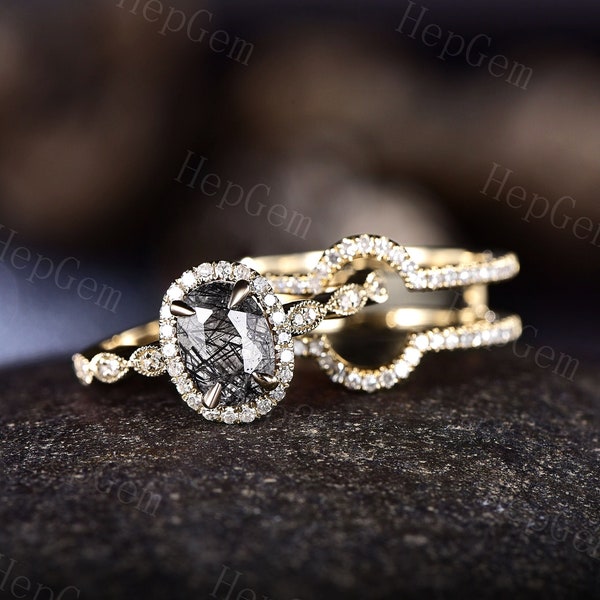 Vintage Black Rutilated Quartz Engagement Ring Set,10K Yellow Gold Chevron Enhancer Wedding Ring Set,Bridal Ring For Women,Halo Decor Ring