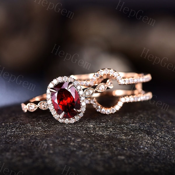 Garnet ring vintage unique oval Garnet engagement ring set rose gold halo diamond ring for women marquise milgrain wedding ring set band