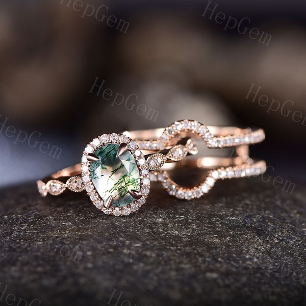 Vintage Green Moss Agate Engagement Ring Set,Silver Rose Gold Chevron Enhancer Cluster Moissanite Band,Bridal Ring,Promise Wedding Ring Gift