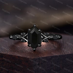 Black Onyx Ring Black Gold Silver Rose Gold Natural Quartz Ring Birthstone Hexagon Cut Anniversary Gift For Her Birthday