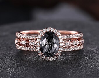 Vintage Oval Black Rutilated Quartz Weeding Ring Set 14K Rose Gold Engagement Rings for Women Chevron Enhancer Wedding Band Wedding Gifts