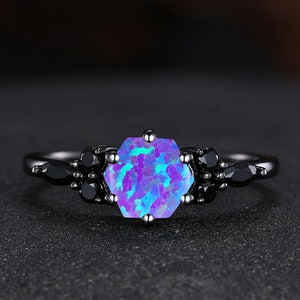 Unique Purple Opal Ring 14K Black Gold Lavender Opal Ring Hexagon Purple Opal Engagement Ring Gift for Her Personalized Birthstone Ring