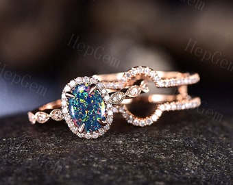 Oval Black Opal Ring,Ring Set,Rose Gold Fire Opal Ring,Promise Ring, Wedding Engagement,Gift for her,mother,Gifts for Her,Personalized Gifts