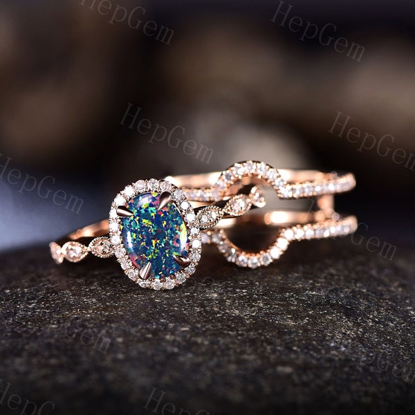Oval Black Opal Ring,Ring Set,Rose Gold Fire Opal Ring,Promise Ring, Wedding Engagement,Gift for her,mother,Gifts for Her,Personalized Gifts