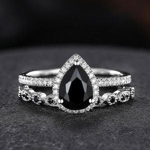 Pear Cut Black Onyx Engagement Ring Set 925 Sterling Silver Bridal Ring Black Diamond Ring Vintage Black Agate Wedding Ring Set Gift for Her