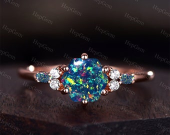 Natural Black Opal Ring Sterling Silver Black Opal Ring Fire Opal Ring Black Fire Opal Ring Hexagon Black Opal Ring- October Birthstone Ring