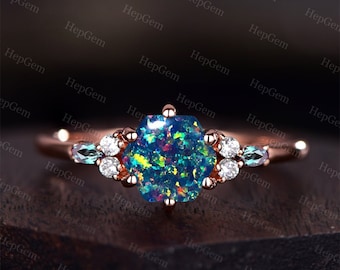 Natural Black Opal Ring Rose Gold Alexandrite Ring Fire Opal Ring Black Fire Opal Ring Hexagon Black Opal Ring- October Birthstone Ring