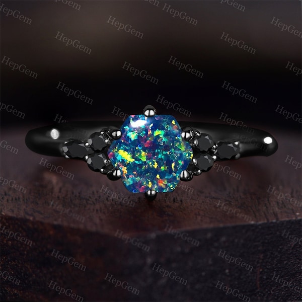 Natural Black Opal Ring Black Gold Black Opal Ring Black Onyx Ring Black Fire Opal Ring Hexagon Black Opal Ring- October Birthstone Ring