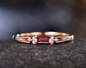 Baguette Garnet Stack Wedding Ring,Dainty Garnet Stack Ring,Half Eternity,Rose Gold Anniversary Birthstone Ring,Ring Gift For Her