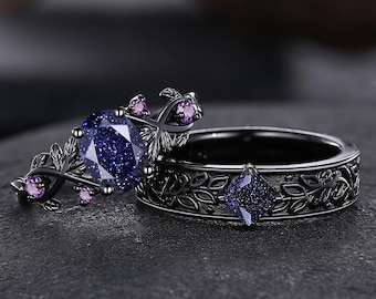 Blue Sandstone Couples Rings Nature Inspired Leaf Wedding Band Galaxy Sandstone Rings for Women Matching Couple Ring His and Hers Ring Set