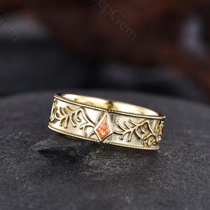 Sunstone wedding band for men leaves design engagement ring vintage engraved ring gold wedding ring nature inspired silver ring gift for him