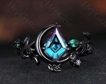 Black gold kite alexandrite ring set moon style amethyst cluster ring gothic black gold rings for women retro alexandrite engagement ring