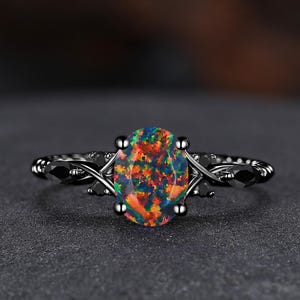 Vintage bague de fiançailles opale de feu noire ovale bague opale rouge 14 carats bague de promesse de mariée en or noir bague minimaliste cadeaux d&#39;anniversaire pour elle