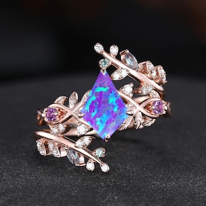 Vintage Kite Purple Opal Engagement Ring Set Rose Gold Leaf Inspired Wedding Ring Set Unique Purple Opal Women Promise Ring Anniversary Gift