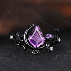 Retro Kite Amethyst Engagement Ring Set, Black Gold Leaf Ring, Natural Inspired Moon Wedding Set, Engagement Rings for Women, Amethyst Ring
