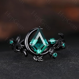 Vintage Nature inspired Emerald Engagement Ring Set Unique Moon Style Wedding Set 14k Black Gold Emerald Ring Gothic Promise Rings for Women