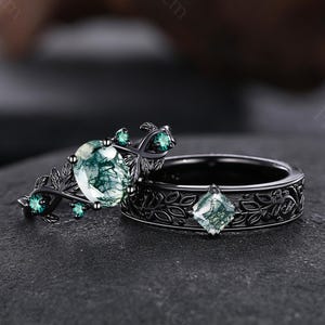 Green Moss Agate Matching Couples Ring Nature Inspired Twig Leaf Ring His and Her Wedding Band Moss Agate Engagement Ring Set Gift for Women