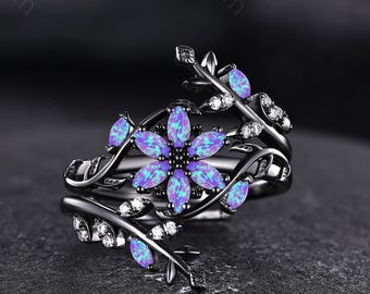 Vintage Flower Purple Opal Engagement Ring Set Unique Lavender Opal Jewelry Black Gold Purple Gemstone Ring Bridal Promise Rings Women Gift