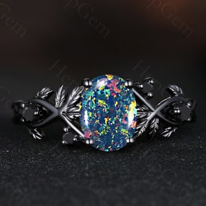 Gothic Black Opal Ring Black Gold Black Opal Ring Black Onyx Ring Fire Opal Ring Oval Black Opal Engagement Ring for Women Birthstone Rings