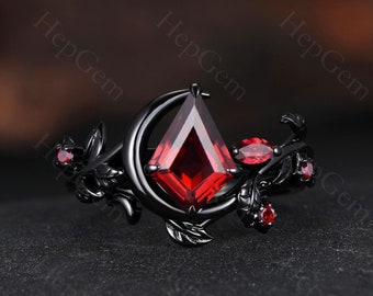 Vintage Kite Garnet Engagement Ring Set Unique Moon Style Wedding Set 14k Black Gold Promise Ring Gothic Garnet Moon Stone Ring Gift for Her