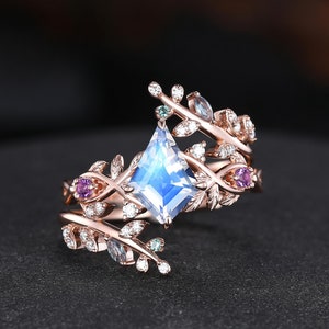 Vintage Moonstone Engagement Ring Set Rose Gold Wedding Ring Unique Bridal Set Anniversary Promise Ring Gift for Her Nature-inspired Rings