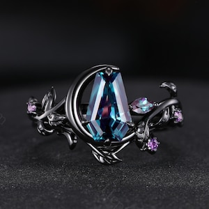 Vintage Coffin Alexandrite Engagement Ring Set Moon Stone Alexandrite Men Ring Nature Inspired Wedding Ring Set Promise Ring Gift for Her