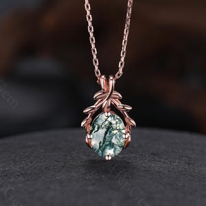 Moss Agate Necklace, Moss Agate Pendant, Oval Agate Jewelry, Rose Gold Pendant Green Moss Agate Necklace for Women, Nature Inspired Necklace