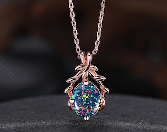 Black Opal Necklace, Fire Opal Pendant, Oval cut Opal Jewelry, Rose Gold Pendant for Women, Nature Inspired Leaf Necklace, Birthday Gift